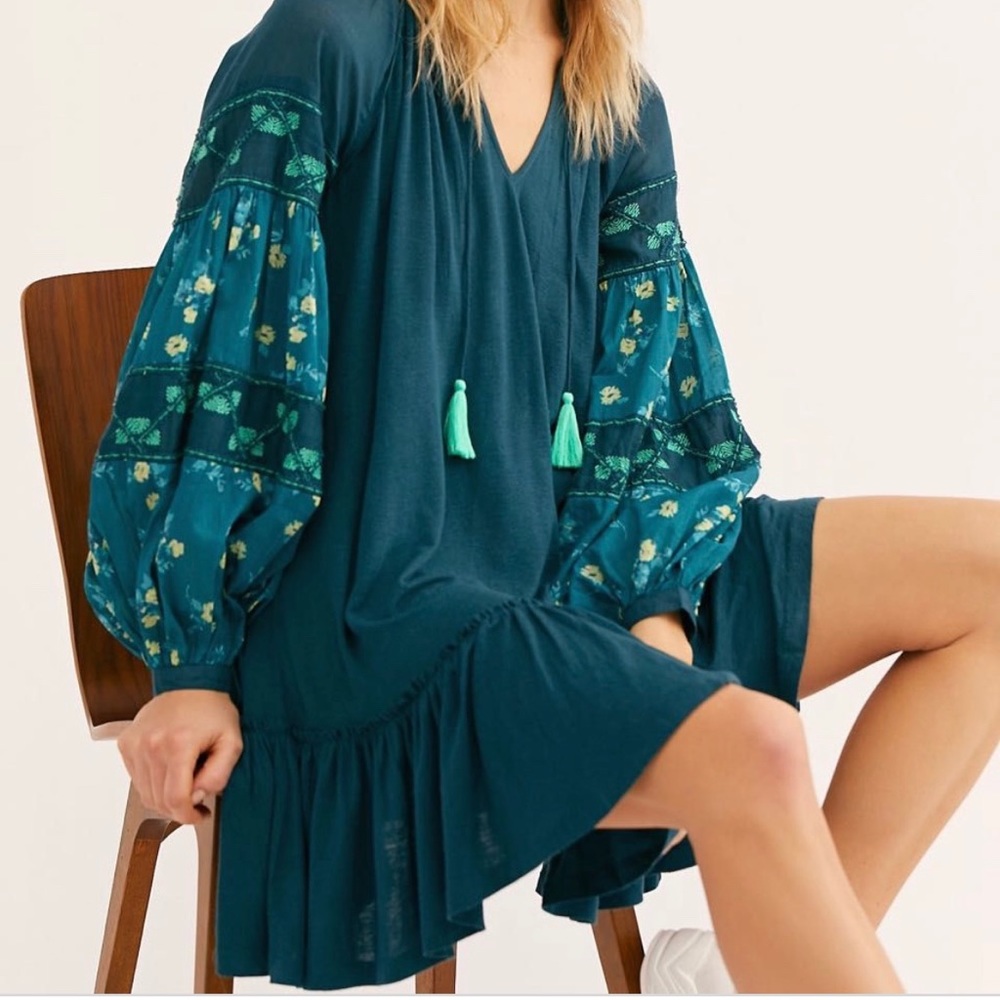 FREE PEOPLE embroidered teal tunic dress sz large